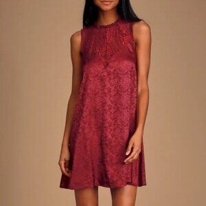 Lulus Size S Dress Evidently in Love Wine Red Floral Embossed Satin Lace Swing